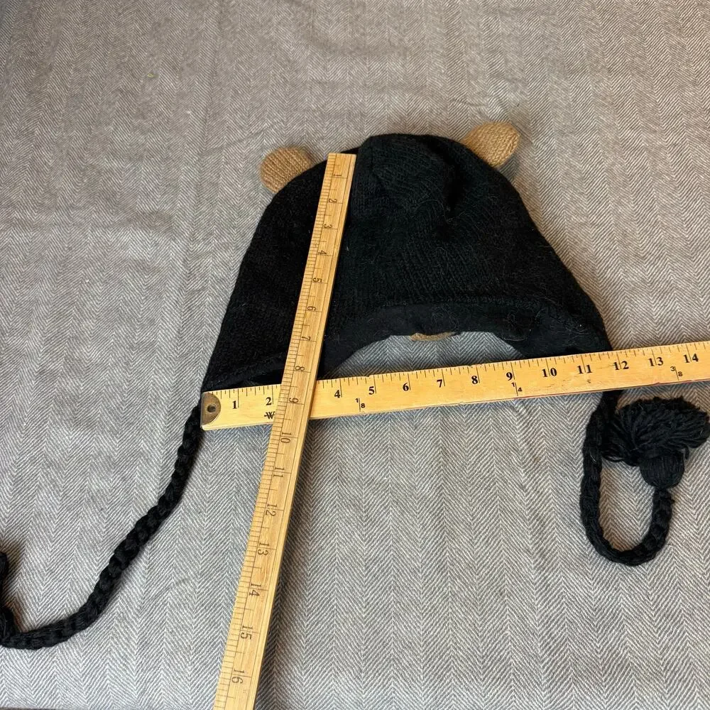 Black Bear Ears Wool Knit Trapper Hat Winter Tassels Cute